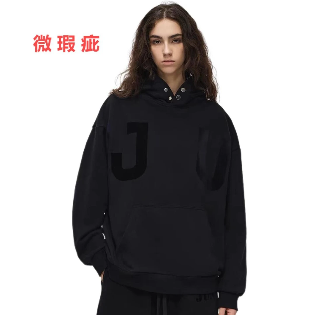 瑕疵JUNI SANTINO植绒印花连帽卫衣男秋季新款宽松棉情侣帽衫