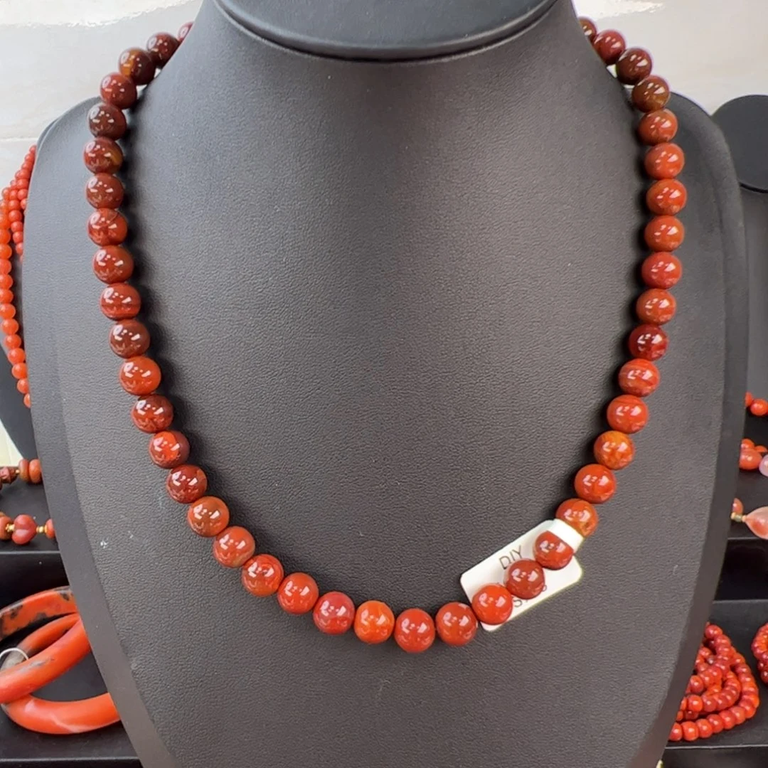 南红玛瑙银S925镶嵌（大山包鸡血浆圆珠项链8.5mm