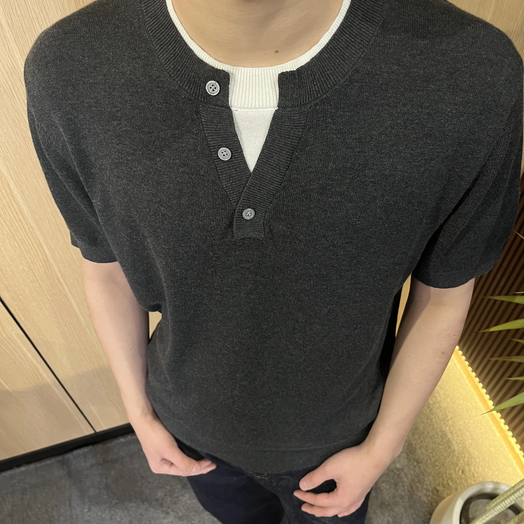 【针织T恤】假两件亨利领短袖修身圆领上衣520163