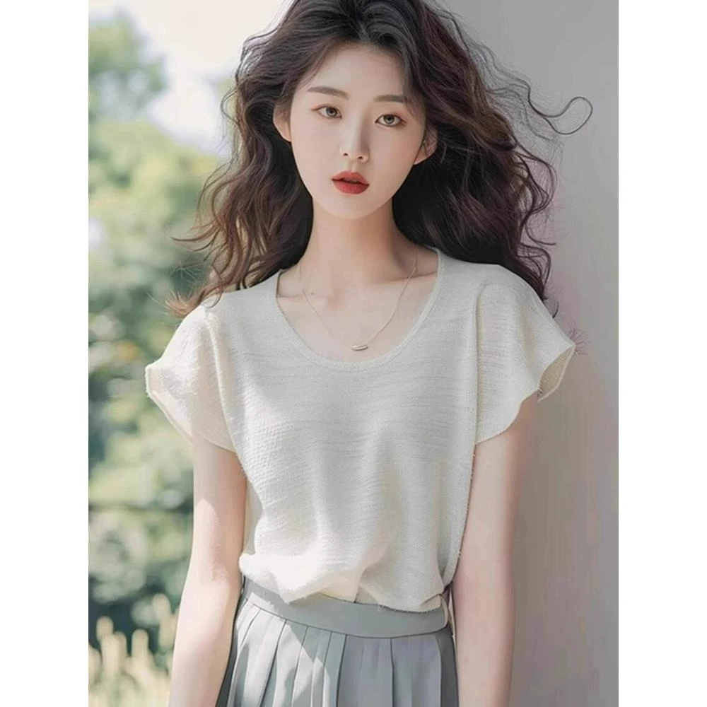 气质简约时尚宽松圆领飞飞袖T恤女夏季薄款正肩休闲百搭套头上衣