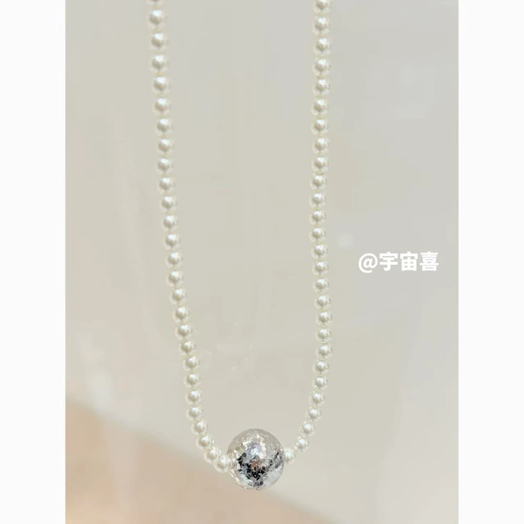 铜合金仿珍珠项链 T3-032【贝珠串珠cnc圆球爆闪项链】