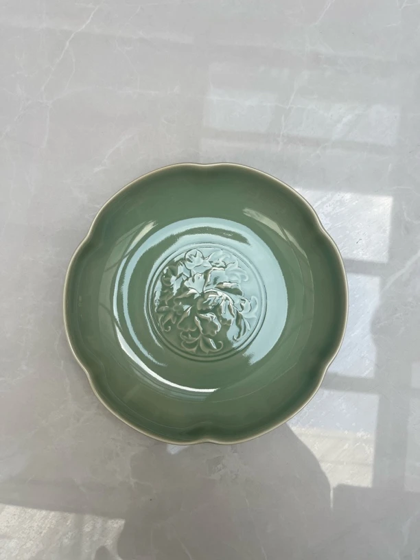 耀州窑青瓷手工小盘花口盘碟子花瓣豆青精美浮雕复古陶瓷（两只装）