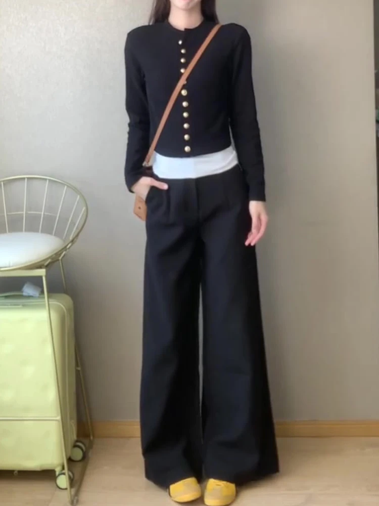 美式复古黑色直筒西装阔腿裤女春季高腰垂感宽松显瘦休闲拖地裤子