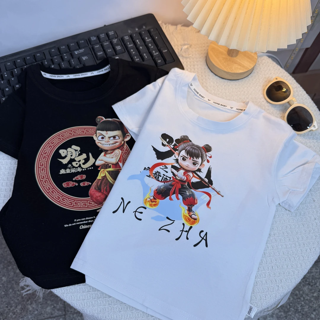 2025夏季休闲时尚棉卡通印花T恤黑白色潮流儿童夏装百搭短袖圆领