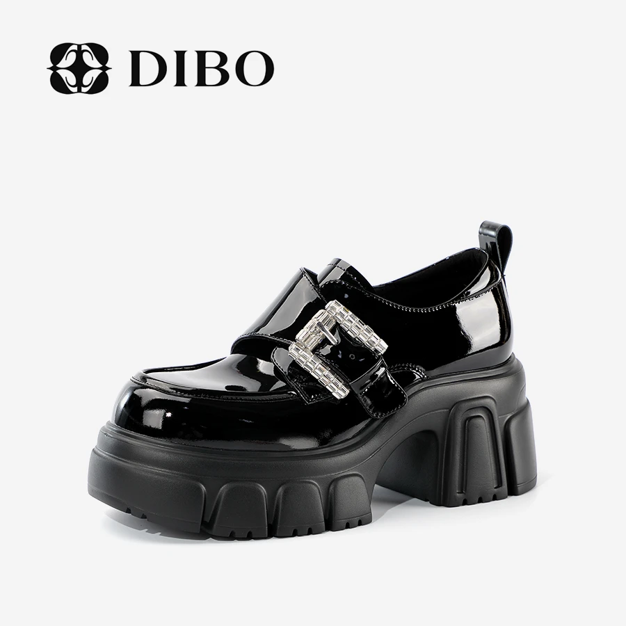 DIBO碲铂 时尚方形水钻扣厚底增高单鞋黑色粗跟休闲鞋25185035