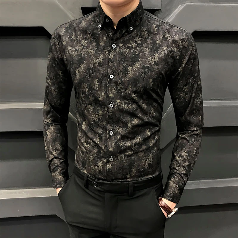 春秋潮流花衬衫男长袖新款高级感男士衬衣商务抗皱印花修身男装寸