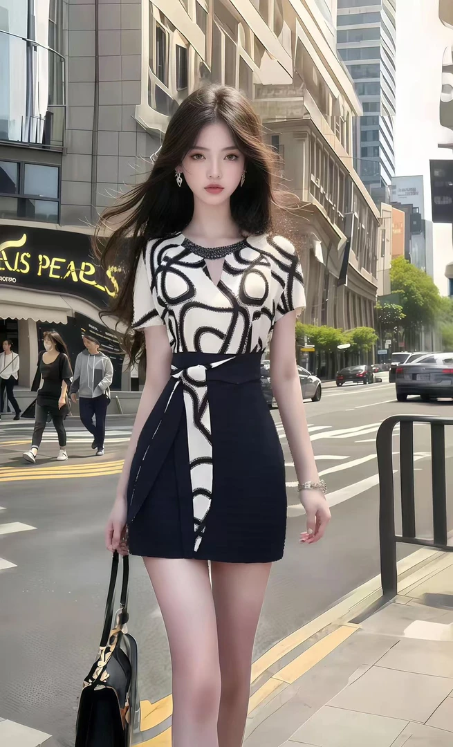 新款时尚圆领短袖收腰包臀设计感连衣裙女温柔知性风高端气质女装