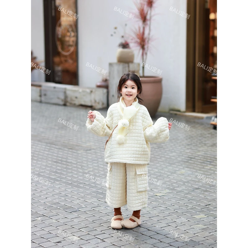 现货【BL-631】冬季女童新款韩系高级极间风加厚白格子棉服套装