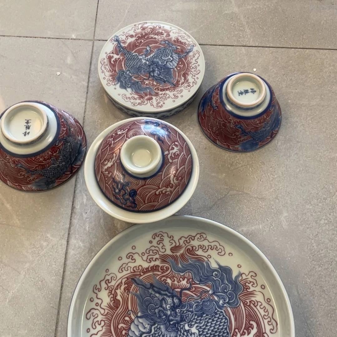 瓷片景德镇麒麟踏浪五件套