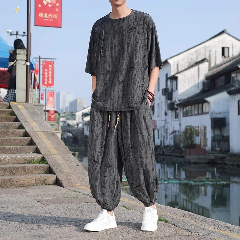 曼库帕娅新中式男装破洞做旧冰丝t恤夏季中国风套装藏式刮烂