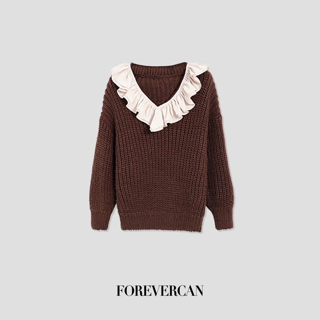 FOREVERCAN“西雅图”法式慵懒风荷叶边领针织毛衣上衣 MY4278