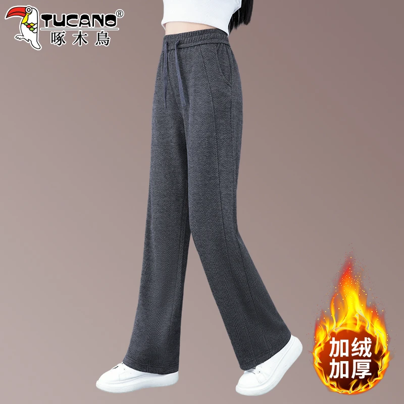 啄木鸟直筒阔腿裤女秋季2025新款秋冬加绒裤子女士高腰显瘦休闲裤