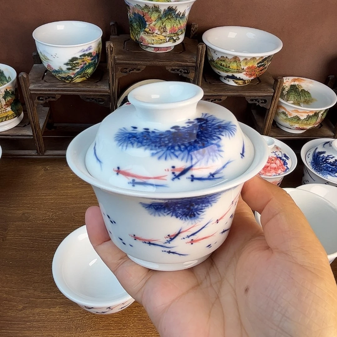 忠意堂釉下彩连年有余盖碗