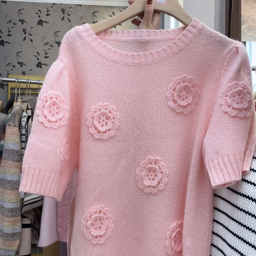 针织花朵套头毛衣