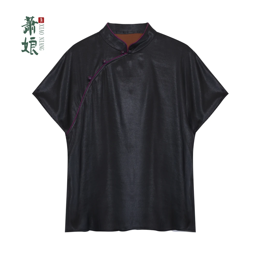 萧娘【紫荆】弹力缎短袖新中式休闲立领斜襟套头国风女上衣1901