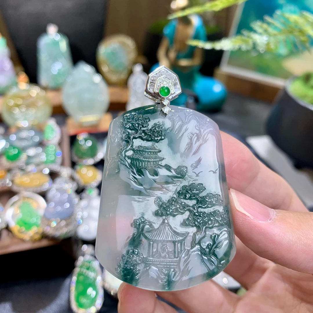 冰胶意境翡翠山水牌冰透雕刻镶嵌精雕气质双色仿古精美