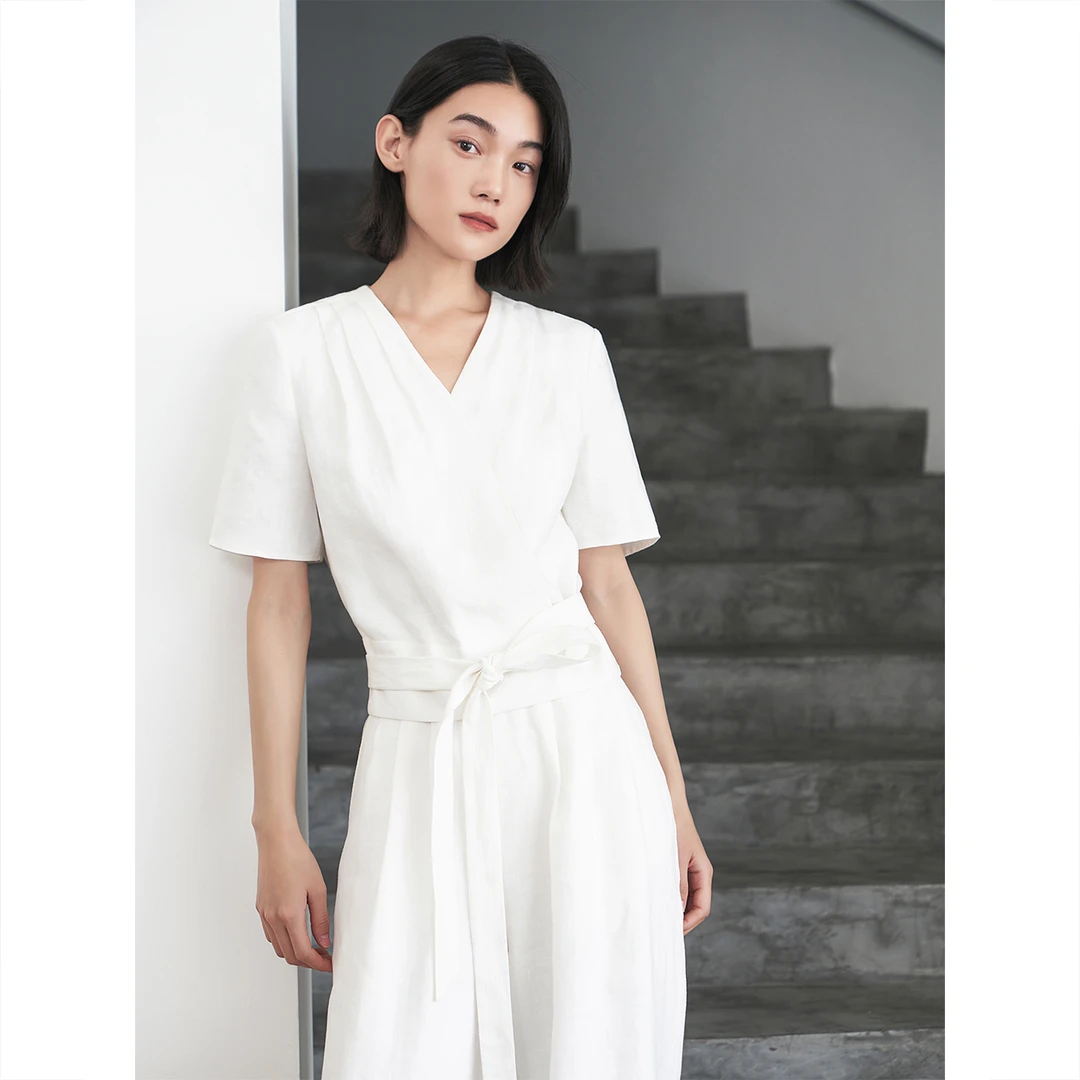 COVERINS2025夏季新款淡人穿搭交叉绑带短袖衬衫CC35270410