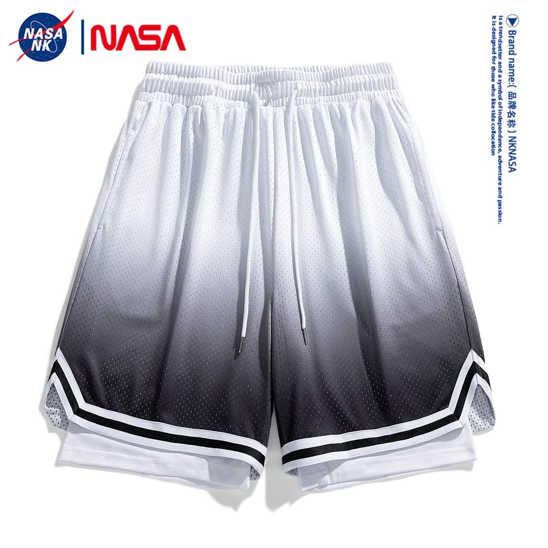 NASA联名夏季冰丝网眼五分短裤男生宽松百搭运动假两件蓝球裤子潮