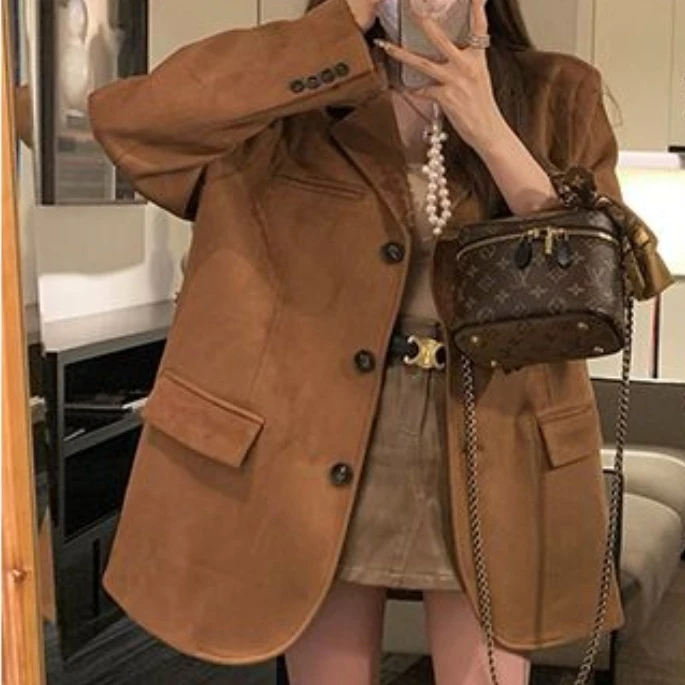 美拉德Get质感西服小众棕色复古西装外套女2025年春秋季时尚新款