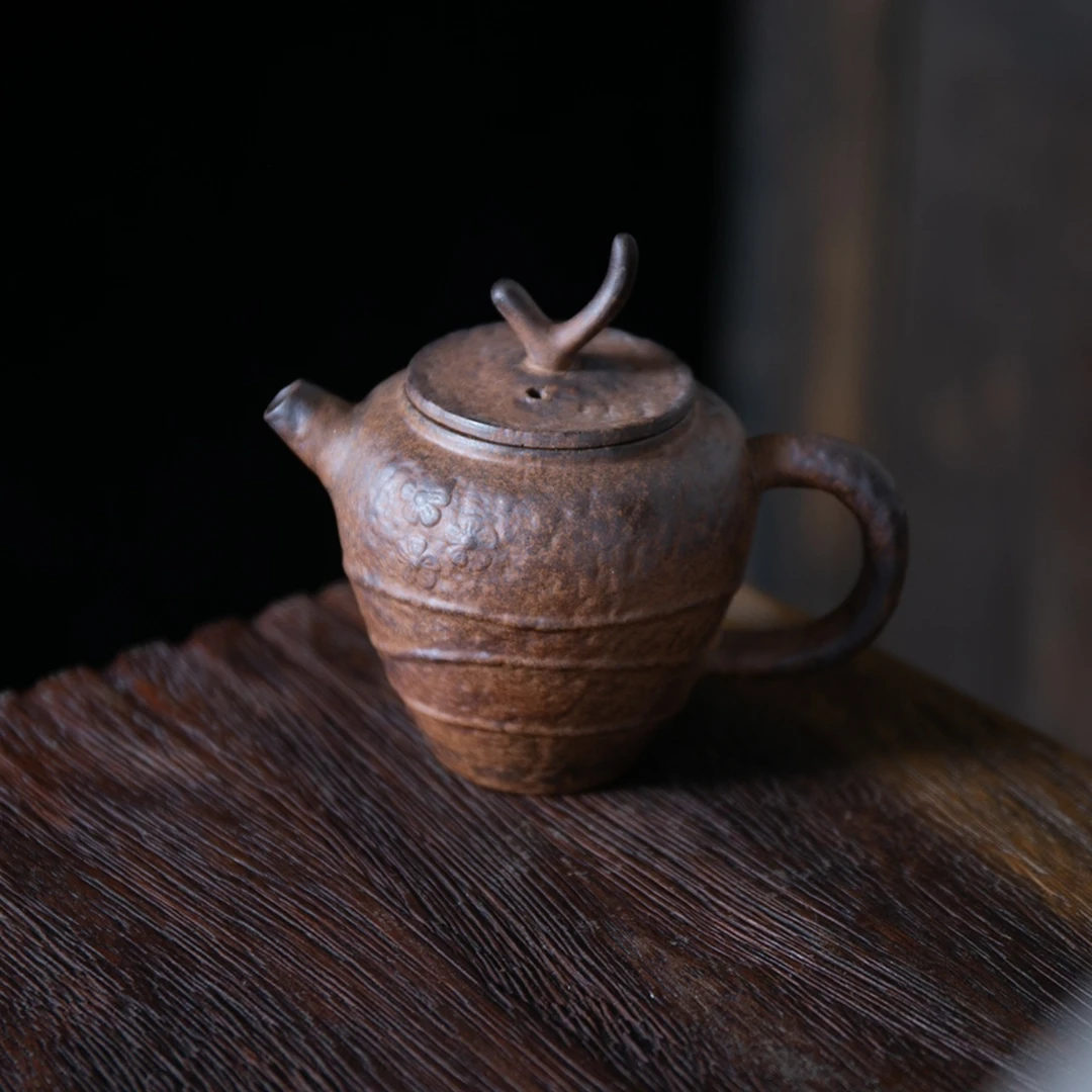 （拿）老岩泥梅花壶一剪梅原矿老岩泥手工柴烧窑变高端泡茶壶茶具