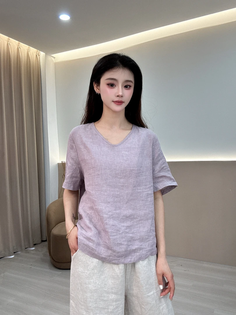 YIWEN夏季色织砂洗汉麻V领显瘦百搭净版圆领休闲小衫 1110