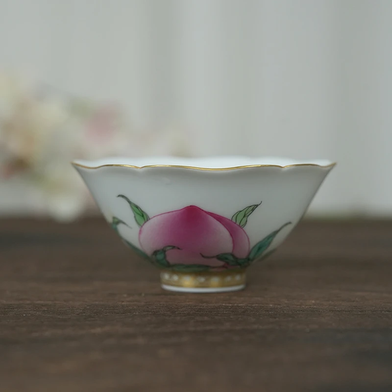 【墨舍名窑】徐窑描金三桃葵口杯  xuyao24