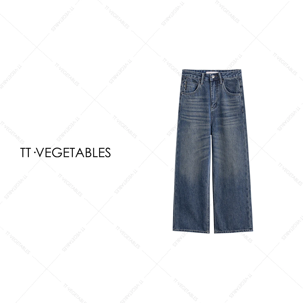 噢芬/小个子 【蓝调】中高腰牛仔裤设计师极简风阔腿裤521015