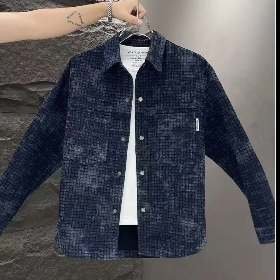 早秋新款时尚潮流格子男士上衣休闲宽松衬衣外套25806