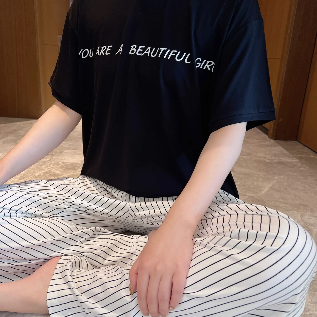 条纹棉莫代尔超柔短袖长裤家居服套装夏季宽松舒适可外穿