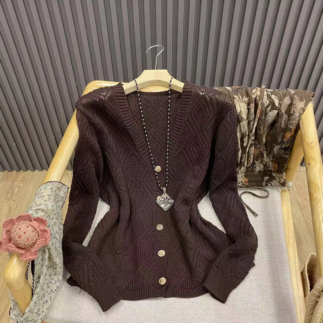 镂空菱格提花长袖V领针织开衫棉线纯色宽松百搭外搭女Z82087