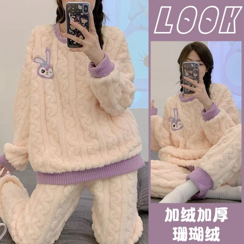 成人睡衣女冬季珊瑚绒加厚青年秋冬天甜美可爱法兰绒设计感家居服