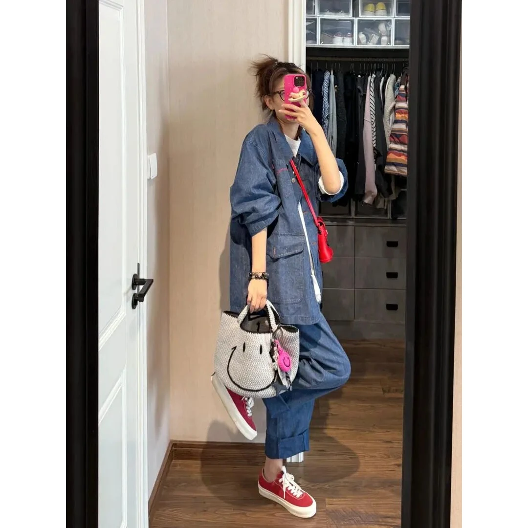 春季新款港风复古牛仔衬衫bf慵懒风松弛感港味复古休闲裤三件套装