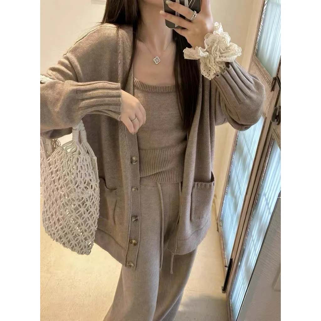 Z针织套装女灰色开衫外套吊带休闲裤早春三件套显瘦气质长袖时尚