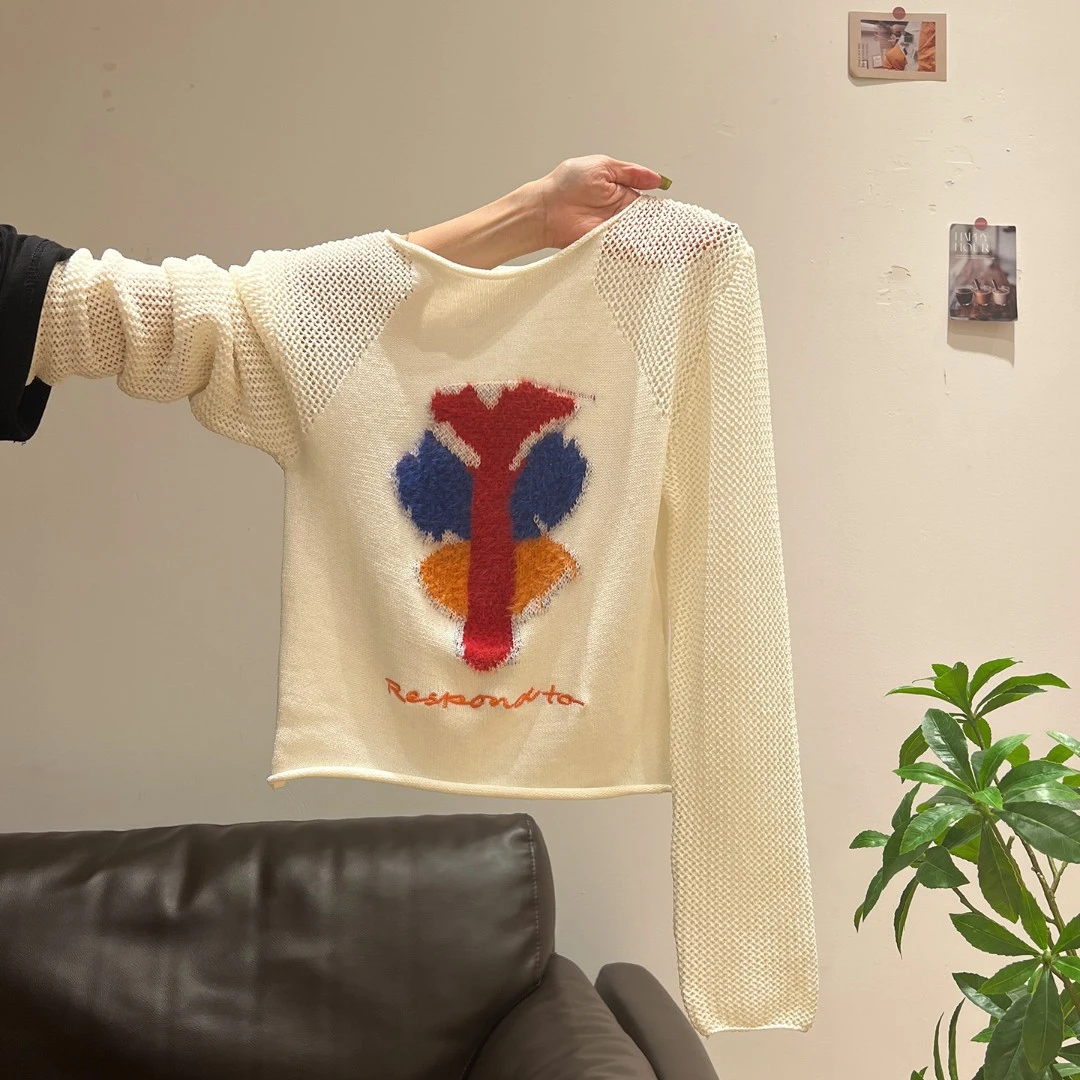 杏色圆领长袖设计感涂鸦毛线小上衣女拼接镂空袖子2025秋季