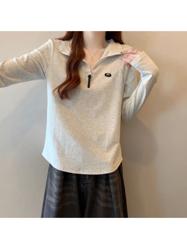 半拉链polo领正肩长袖T恤女2025早秋大码胖mm欧货小衫不规则上衣