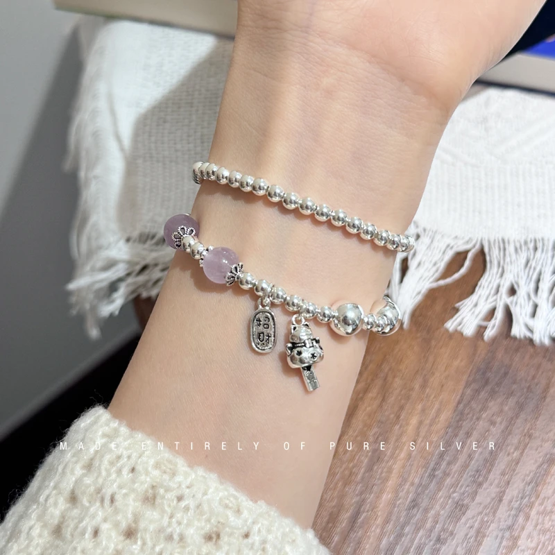 925银手链 双层叠戴银珠手链招财纳福招财猫紫水晶银手串新式小众