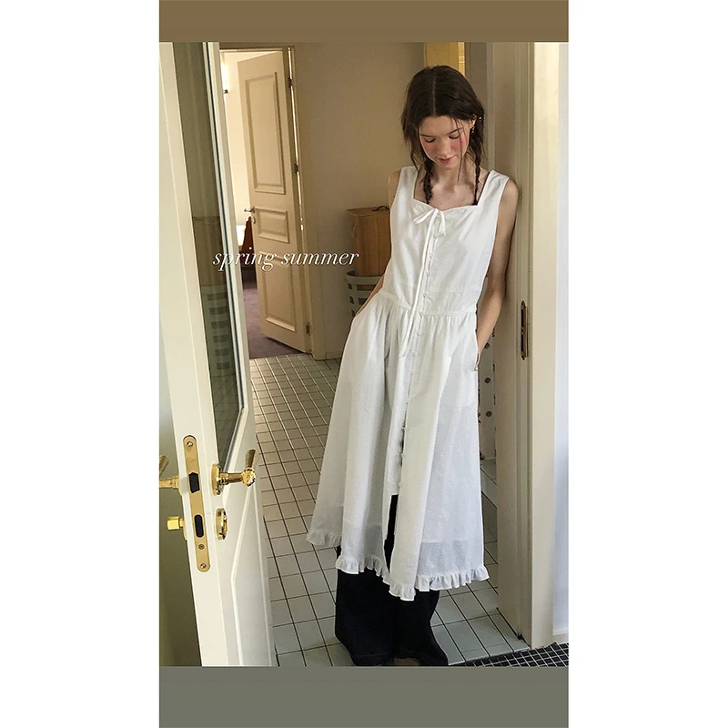 Letm 夏以白日梦’复古提花无袖系带开门襟100棉背心连衣裙女