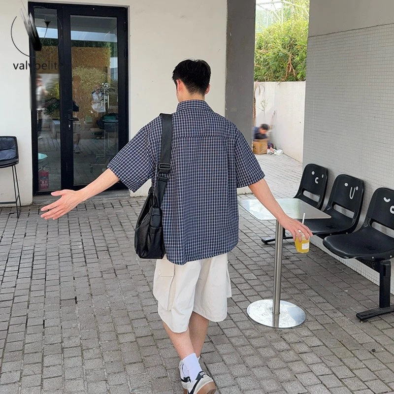 VALVOELITE藏青泡泡棉格子短袖衬衫男生新款夏季百搭宽松休闲衬衣