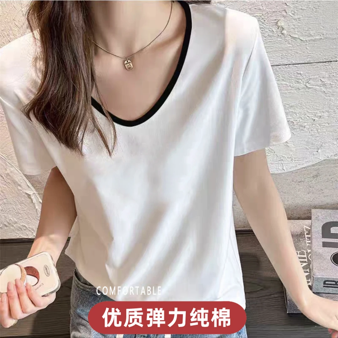 新款V领短袖T恤女夏季宽松显瘦撞色气质拼接正肩印花体恤休闲上衣