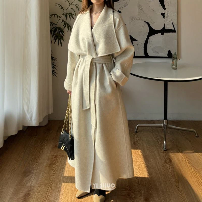 2025秋冬新款高端米白色大翻领双面羊毛大衣长版浴袍慵懒毛呢外套