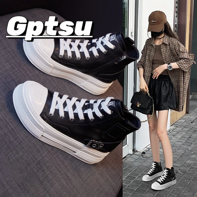 GPTSu高筒鞋女潮酷新款厚底增高休闲鞋春秋季款百搭爆款黑色板鞋