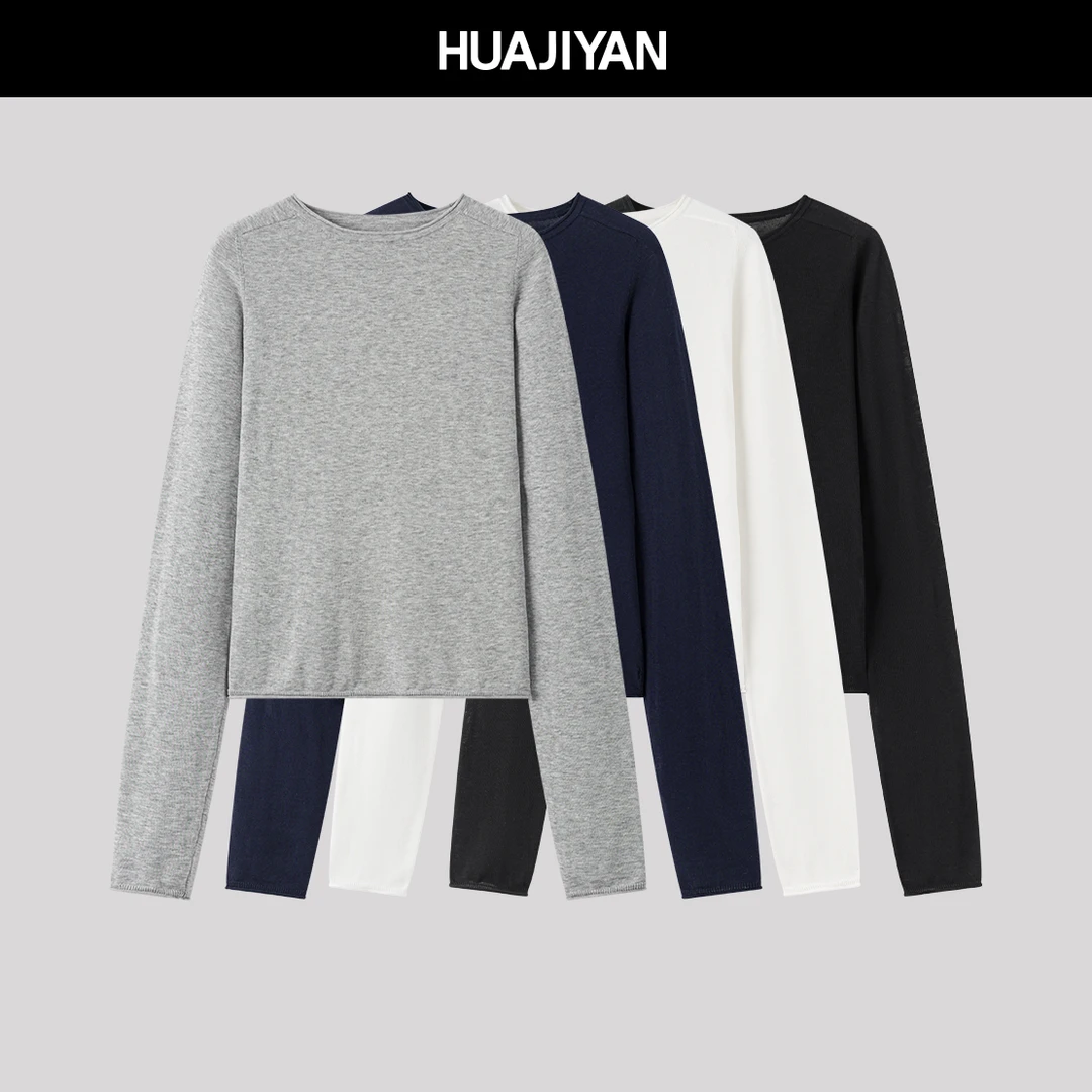 华吉言/HUAJIYAN【棉棉】全棉百搭收腰圆领长袖打底上衣