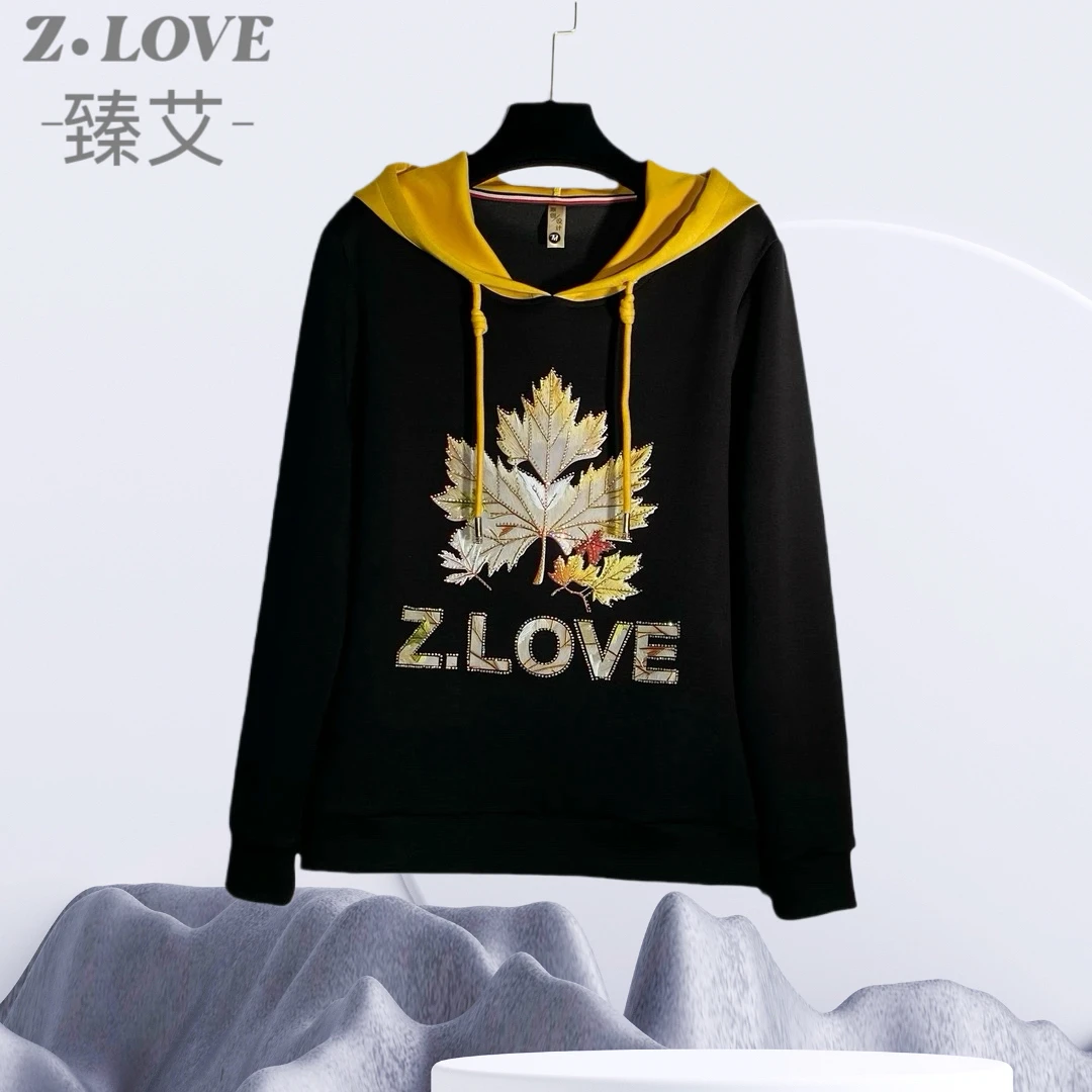 【黄金枫叶来信】欧韩时尚秋款镶钻透气常规连帽加绒秋季带帽