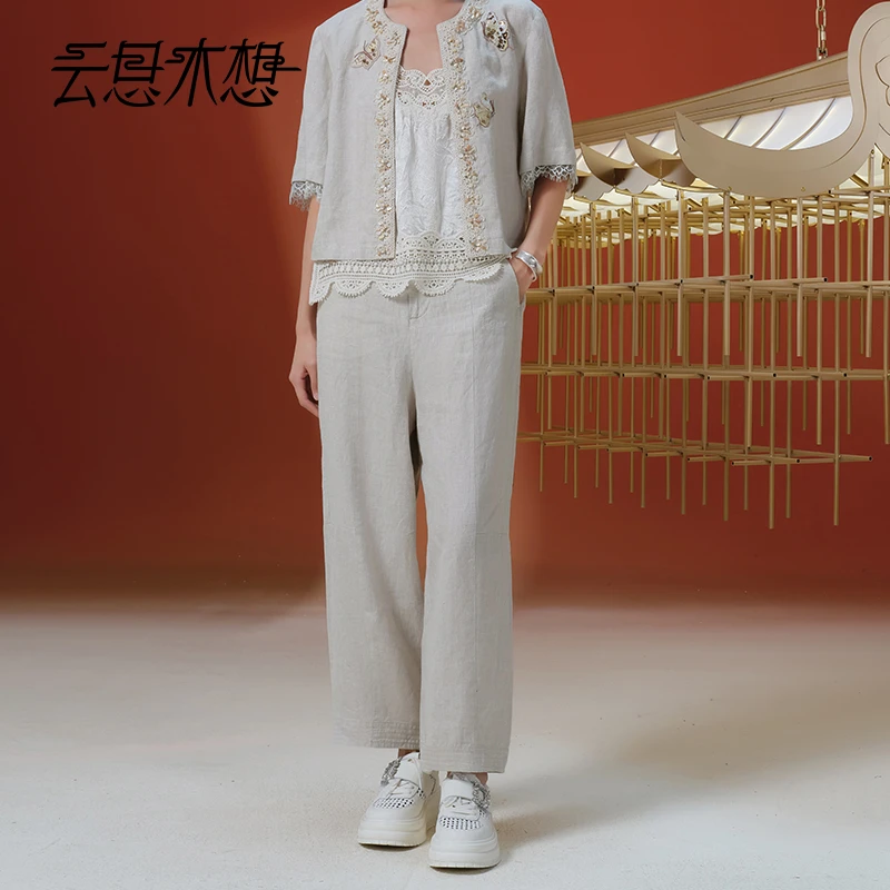 Ysimo-X云思木想 萧萧云逸 定制木棉花扣后腰橡筋亚麻休闲裤13287