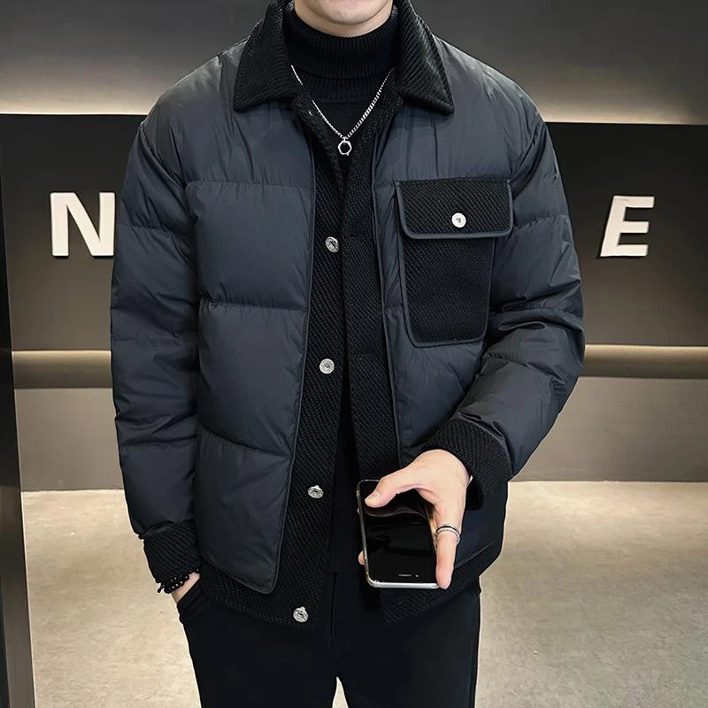 彪博男士羽绒服拼接设计感潮牌翻领高端加厚男装冬季外套2025新款