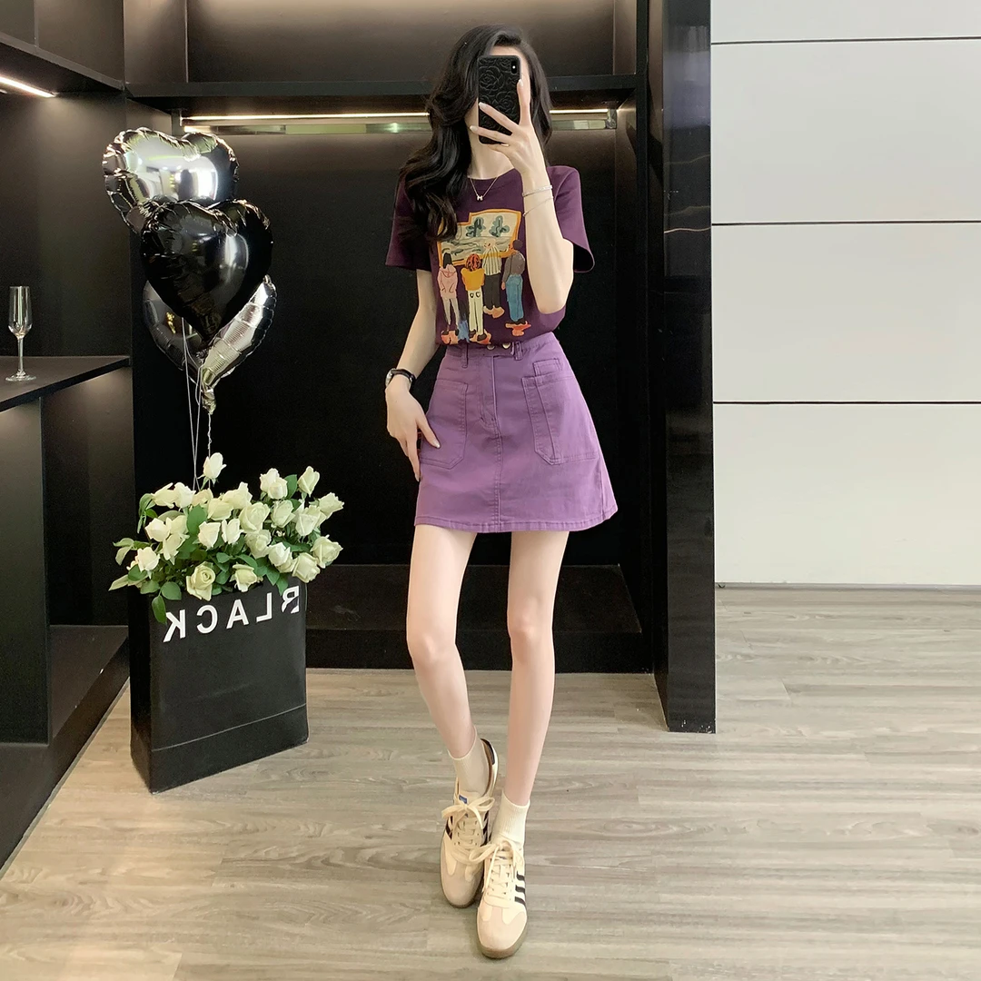 2025超火巨好看的紫色休闲牛仔套装女夏减龄小个子短袖短裙两件套