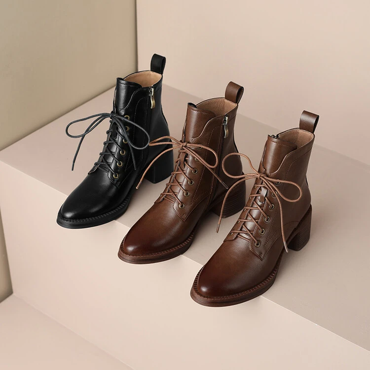 5.5cm~真皮尖头系带马丁靴女粗跟中跟短靴2025年秋冬新款百搭靴子