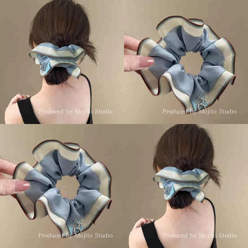 韩系蓝色银标花边发圈温柔学院风大肠发圈百搭丸子头发绳简约发饰