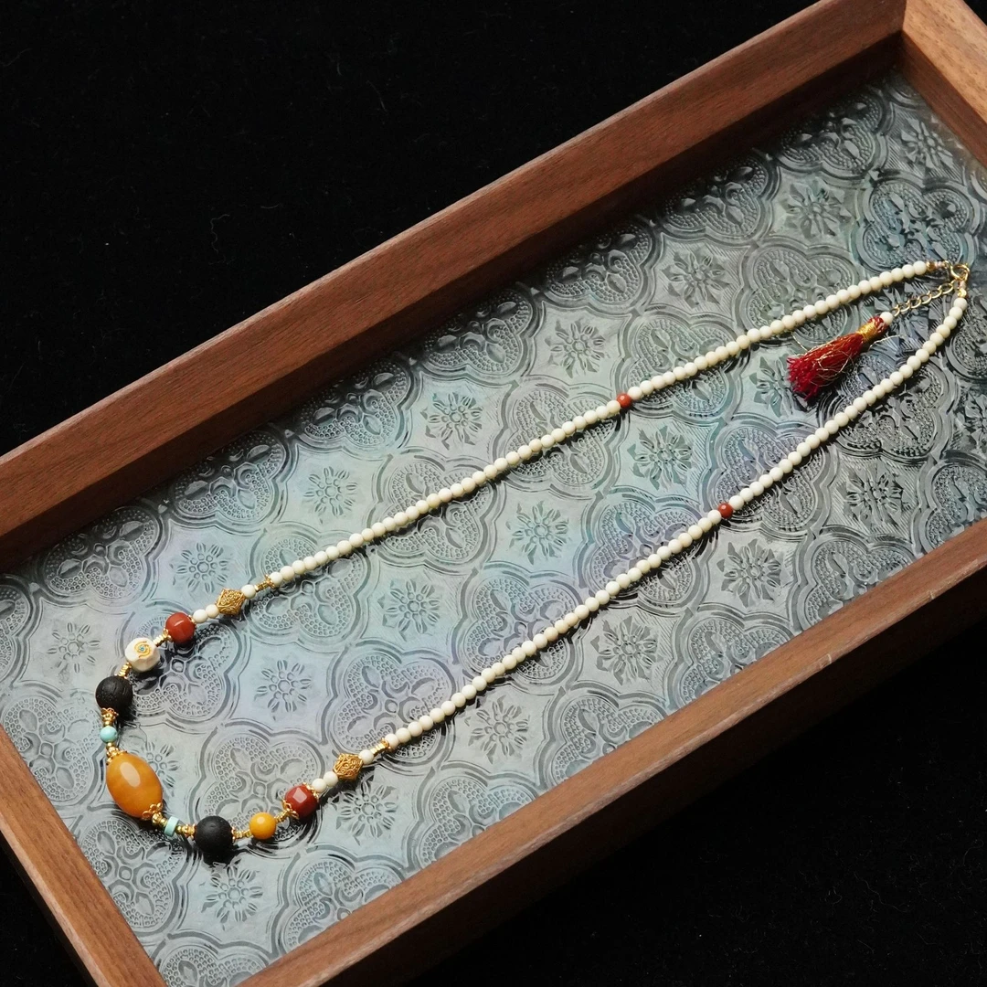 宫锁珠帘 天然猛犸牙3mm圆珠顶珠10*14mm项链