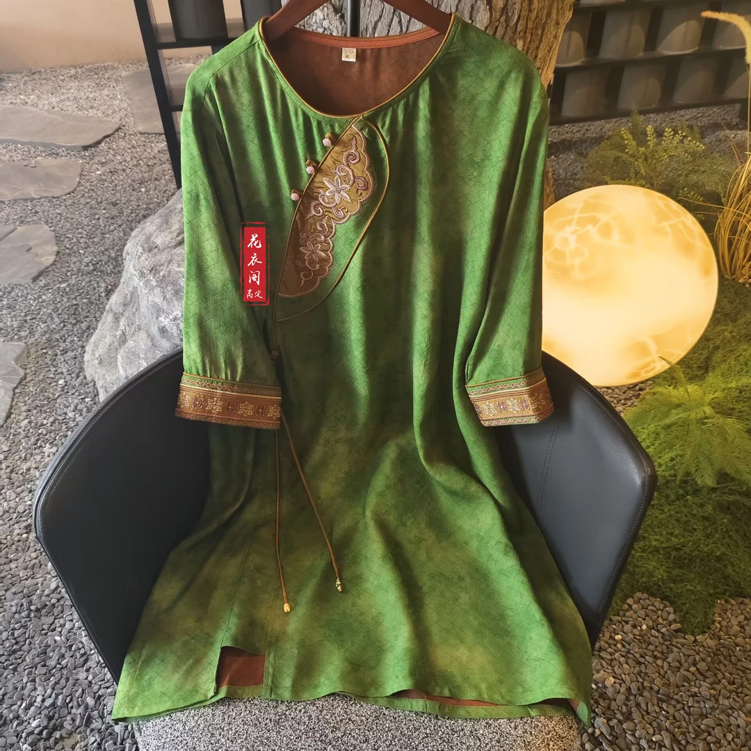 【翠微】春季新款小衫新中式女装国风圆领刺绣中长款上衣